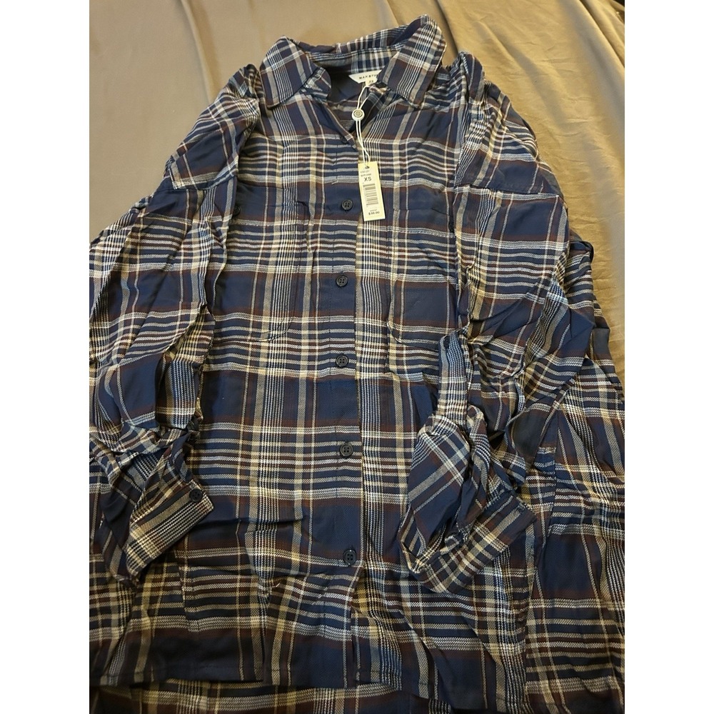 Max Studio Plaid Button Up Shirt Women's XS Long Sleeve‎ Blue Brown NWT